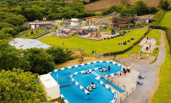 An aerial view of the Dinosaur Park with a focus on the Skiddy Car circuit